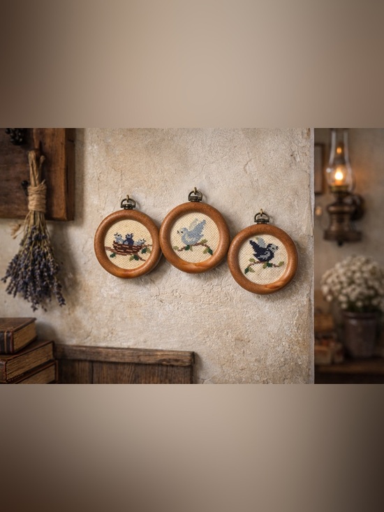 Other - Vintage Mini Bird Embroidery Wall Art Set (3) • Wooden Hoop Frames • Folk Story
